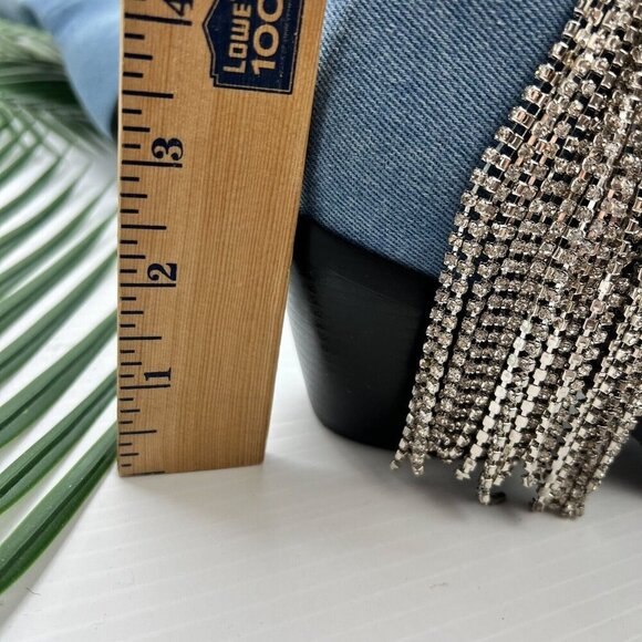 Azalea Wang Blue Denim Rhinestone Fringed Wide Calf Ankle Boots Size 7 Cowboy - Picture 10 of 13